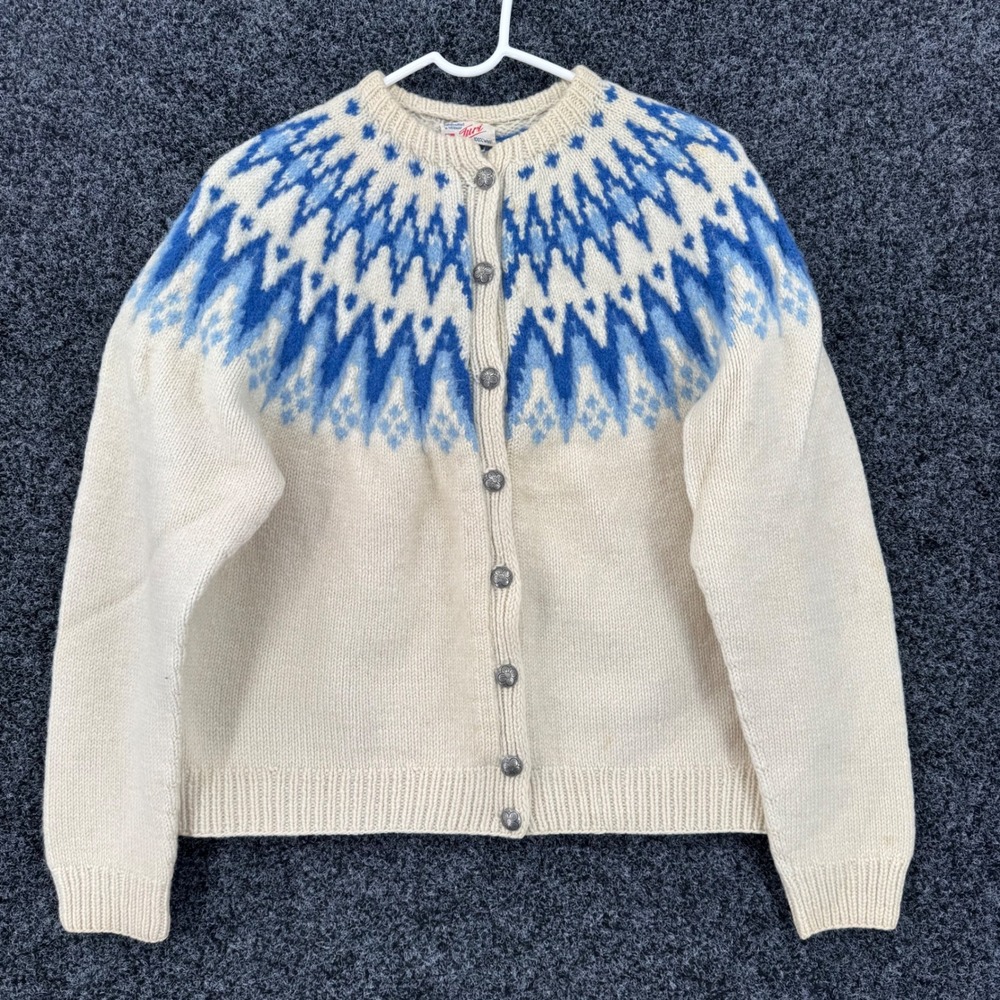 Vintage Turi Handknitted Norway Wool Cardigan Sweater Blue Fair Isle Nordic